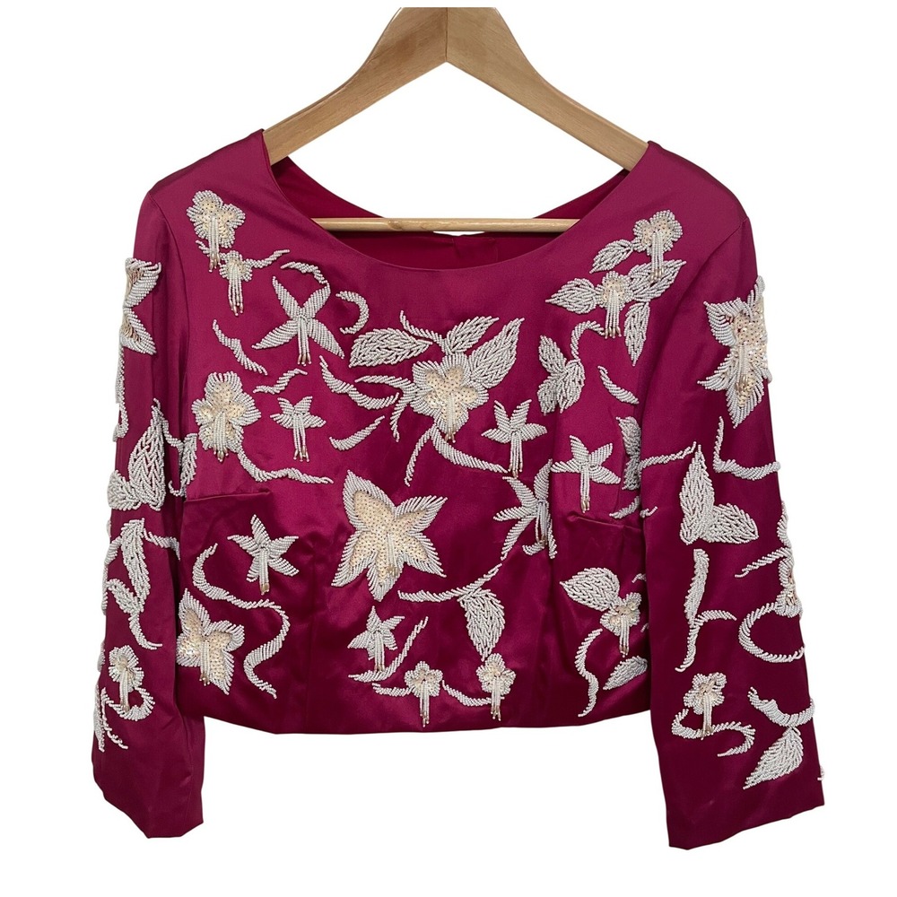 Vintage 60s Beaded Top‎ Cropped Fuchsia Satin Boat Neck Evening Wear